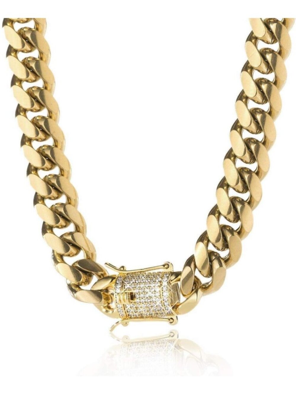 14K Gold Plated Miami Cuban Link Chain Necklace Bracelet, Iced Out Clasp, Gift
